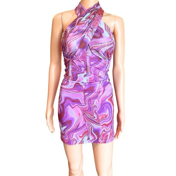 NWT BARDOT Retro Pink Mesh Halter Mini Dress - Picture 4 of 8